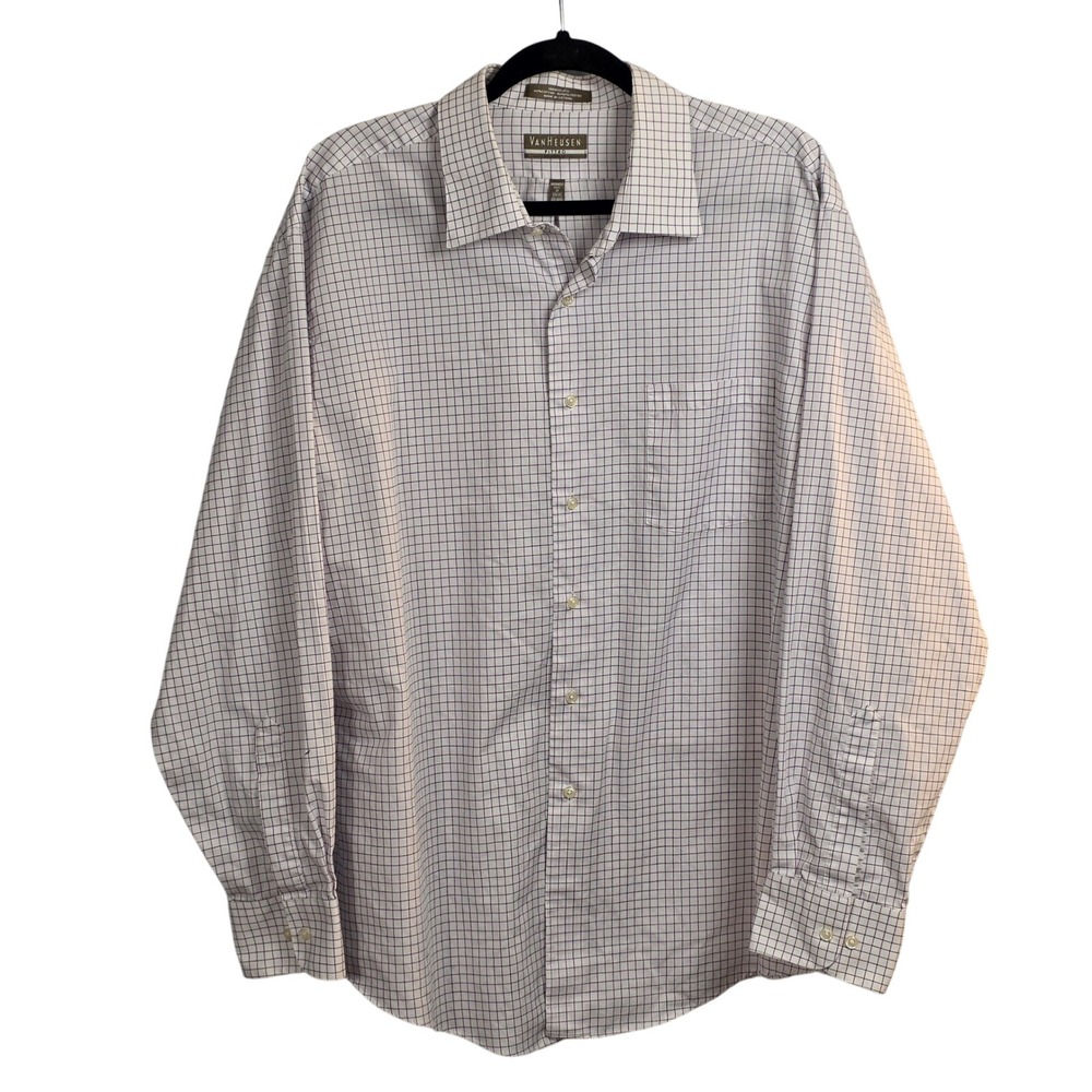 Van Heusen Fitted Dress Shirt Mens 18 34/35 Purple White Windowpane Wrinkle Free